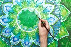 Man Painting Bright Green Picture With Circle Pattern, Mandala Of Anahata Chakra-shooarts-Art Print