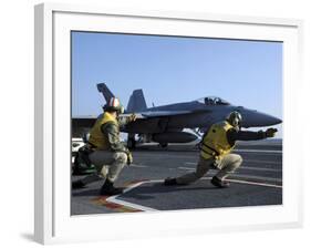 Shooters Aboard the USS George H.W. Bush Give the Go-Ahead Signal to Launch an F/A-18 Super Hornet-Stocktrek Images-Framed Photographic Print