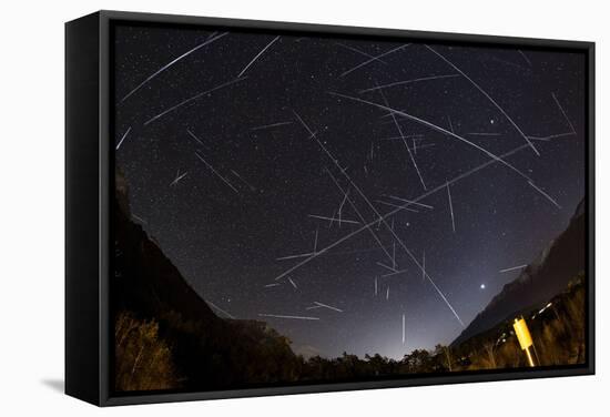 Shooting Stars and Satellites, Multiple Exposure of the Night Sky in Tirol-Niki Haselwanter-Framed Stretched Canvas