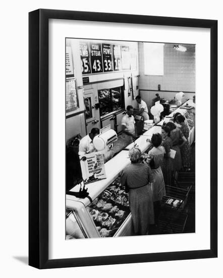 Shoppers at Butcher Counter in A&P Grocery Store-Alfred Eisenstaedt-Framed Photographic Print