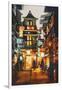 Shopping Place and Cafes with Illumination at Night,Illustration Painting-Tithi Luadthong-Framed Art Print
