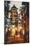 Shopping Place and Cafes with Illumination at Night,Illustration Painting-Tithi Luadthong-Mounted Art Print