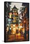 Shopping Place and Cafes with Illumination at Night,Illustration Painting-Tithi Luadthong-Framed Stretched Canvas