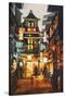 Shopping Place and Cafes with Illumination at Night,Illustration Painting-Tithi Luadthong-Stretched Canvas