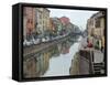 Shops and Restaurants Along Canal, Naviglio Grande, Milan, Italy-Lisa S. Engelbrecht-Framed Stretched Canvas