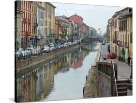 Shops and Restaurants Along Canal, Naviglio Grande, Milan, Italy-Lisa S. Engelbrecht-Stretched Canvas