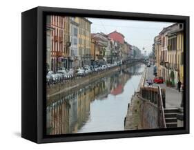 Shops and Restaurants Along Canal, Naviglio Grande, Milan, Italy-Lisa S. Engelbrecht-Framed Stretched Canvas