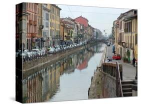 Shops and Restaurants Along Canal, Naviglio Grande, Milan, Italy-Lisa S. Engelbrecht-Stretched Canvas