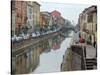 Shops and Restaurants Along Canal, Naviglio Grande, Milan, Italy-Lisa S. Engelbrecht-Stretched Canvas