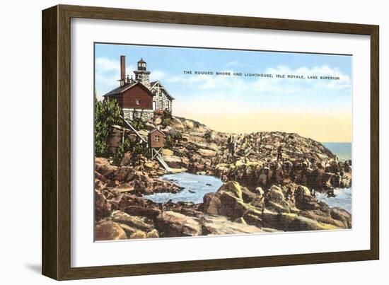 Shore and Lighthouse, Isle Royale, Lake Superior, Michigan-null-Framed Art Print