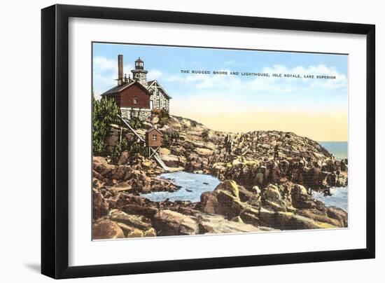 Shore and Lighthouse, Isle Royale, Lake Superior, Michigan-null-Framed Art Print