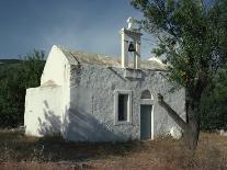 Figure on Donkey Passing Church Bell Tower and Dome, Vothonas, Santorini, Cyclades Islands, Greece-Short Michael-Photographic Print