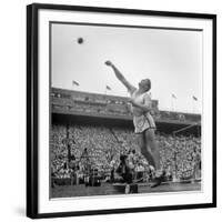 Shot Putter Francis Delaney in Mid-Throw in an Attempt to Qualify During the U.S. Olympic Tryouts-Ed Clark-Framed Premium Photographic Print