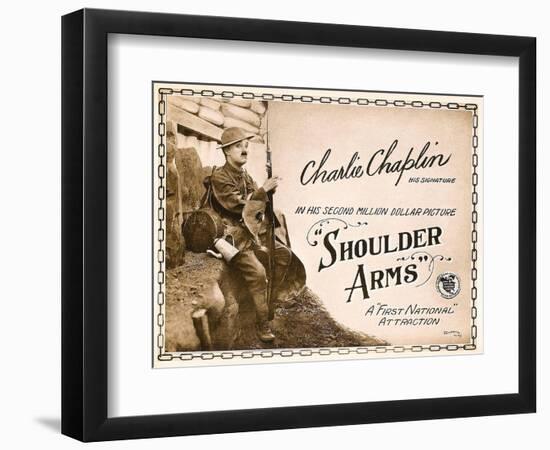 SHOULDER ARMS, on left: Charles Chaplin (aka 'Charlie Chaplin') on Title Card, 1918.-null-Framed Art Print