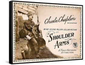 SHOULDER ARMS, on left: Charles Chaplin (aka 'Charlie Chaplin') on Title Card, 1918.-null-Framed Stretched Canvas