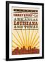 Shreveport, Louisiana - Skyline and Sunburst Sceenprint Style-Lantern Press-Framed Art Print