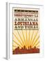 Shreveport, Louisiana - Skyline and Sunburst Sceenprint Style-Lantern Press-Framed Art Print