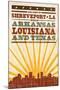 Shreveport, Louisiana - Skyline and Sunburst Sceenprint Style-Lantern Press-Mounted Art Print