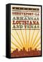 Shreveport, Louisiana - Skyline and Sunburst Sceenprint Style-Lantern Press-Framed Stretched Canvas