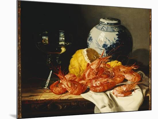 Shrimps, a Peeled Lemon, a Glass of Wine and a Blue and White Ginger Jar on a Draped Table-Edward Ladell-Mounted Giclee Print