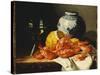Shrimps, a Peeled Lemon, a Glass of Wine and a Blue and White Ginger Jar on a Draped Table-Edward Ladell-Stretched Canvas