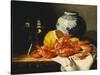 Shrimps, a Peeled Lemon, a Glass of Wine and a Blue and White Ginger Jar on a Draped Table-Edward Ladell-Stretched Canvas