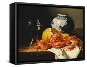 Shrimps, a Peeled Lemon, a Glass of Wine and a Blue and White Ginger Jar on a Draped Table-Edward Ladell-Framed Stretched Canvas