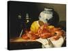 Shrimps, a Peeled Lemon, a Glass of Wine and a Blue and White Ginger Jar on a Draped Table-Edward Ladell-Stretched Canvas