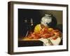 Shrimps, a Peeled Lemon, a Glass of Wine and a Blue and White Ginger Jar on a Draped Table-Edward Ladell-Framed Giclee Print