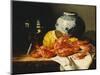 Shrimps, a Peeled Lemon, a Glass of Wine and a Blue and White Ginger Jar on a Draped Table-Edward Ladell-Mounted Giclee Print