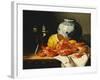 Shrimps, a Peeled Lemon, a Glass of Wine and a Blue and White Ginger Jar on a Draped Table-Edward Ladell-Framed Giclee Print