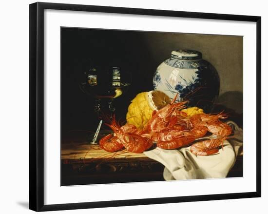 Shrimps, a Peeled Lemon, a Glass of Wine and a Blue and White Ginger Jar on a Draped Table-Edward Ladell-Framed Giclee Print