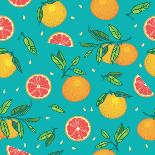 Orange or Grapefruit with Leaves Seamless Vector Pattern. Bright Colorful Background with Citrus Fr-Shum-stock-Stretched Canvas