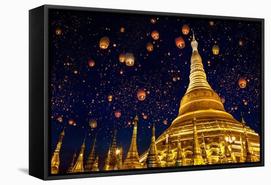 Shwedagon Pagoda with Larntern in the Sky, Yangon Myanmar-Krunja-Framed Stretched Canvas