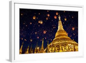 Shwedagon Pagoda with Larntern in the Sky, Yangon Myanmar-Krunja-Framed Photographic Print