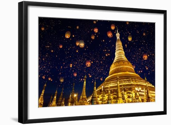 Shwedagon Pagoda with Larntern in the Sky, Yangon Myanmar-Krunja-Framed Photographic Print