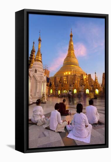 Shwedagon Paya (Pagoda) at Dusk with Buddhist Worshippers Praying-Lee Frost-Framed Stretched Canvas