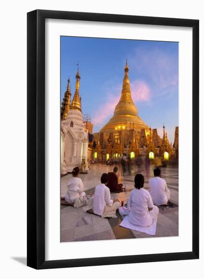 Shwedagon Paya (Pagoda) at Dusk with Buddhist Worshippers Praying-Lee Frost-Framed Photographic Print