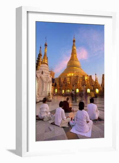 Shwedagon Paya (Pagoda) at Dusk with Buddhist Worshippers Praying-Lee Frost-Framed Photographic Print