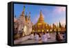 Shwedagon Paya (Pagoda) at Dusk with Buddhist Worshippers Praying-Lee Frost-Framed Stretched Canvas