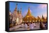 Shwedagon Paya (Pagoda) at Dusk with Buddhist Worshippers Praying-Lee Frost-Framed Stretched Canvas