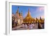 Shwedagon Paya (Pagoda) at Dusk with Buddhist Worshippers Praying-Lee Frost-Framed Photographic Print