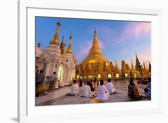 Shwedagon Paya (Pagoda) at Dusk with Buddhist Worshippers Praying-Lee Frost-Framed Photographic Print