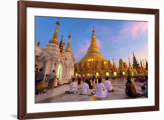 Shwedagon Paya (Pagoda) at Dusk with Buddhist Worshippers Praying-Lee Frost-Framed Photographic Print