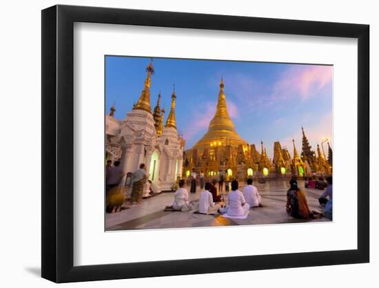 Shwedagon Paya (Pagoda) at Dusk with Buddhist Worshippers Praying-Lee Frost-Framed Photographic Print