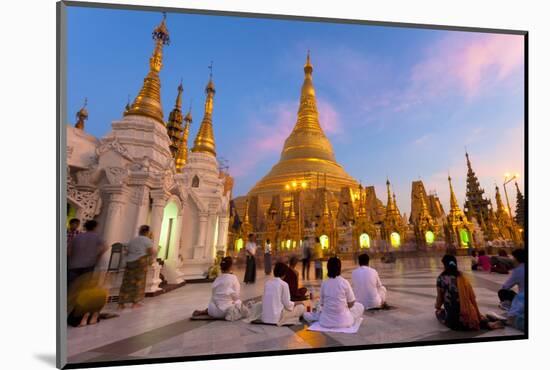 Shwedagon Paya (Pagoda) at Dusk with Buddhist Worshippers Praying-Lee Frost-Mounted Photographic Print