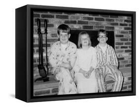 Siblings Pose on the Hearth in Pajamas, Ca. 1970-null-Framed Stretched Canvas