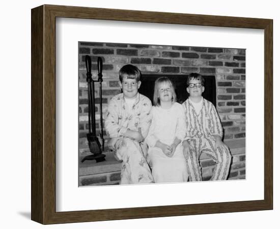 Siblings Pose on the Hearth in Pajamas, Ca. 1970-null-Framed Photographic Print