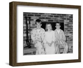 Siblings Pose on the Hearth in Pajamas, Ca. 1970-null-Framed Photographic Print