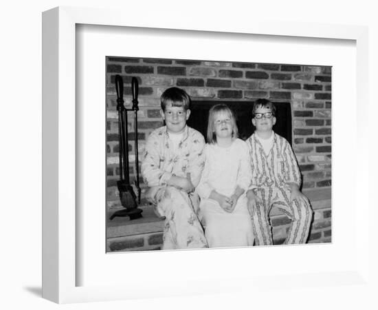 Siblings Pose on the Hearth in Pajamas, Ca. 1970-null-Framed Photographic Print